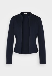 Granatowa marynarka o dopasowanym kroju, bez guzików, o gładkiej teksturze. Posiada okrągły kołnierz i długie rękawy, idealna do noszenia w warstwach.