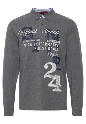 Long-sleeve polo shirt in heather gray cotton. Includes decorative text and numbers in white and navy. Features a pointed collar and button placket.