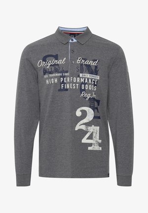 Polo shirt a maniche lunghe in cotone grigio melange. Include testi e numeri decorativi in bianco e blu navy. Presenta un colletto a punta e patta dei bottoni.