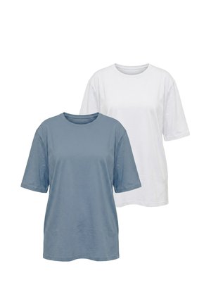 Two plain cotton T-shirts, one in light blue in front and one white behind, both with short sleeves and round necks.