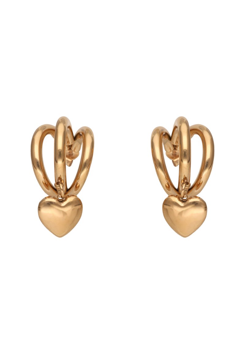 Goldfarbene, herzförmige Tropfohrringe aus Metall mit ineinander verwobenen Hoop-Design und glatten, polierten Oberflächen. Sanfter Glanz und abgerundete Kanten.