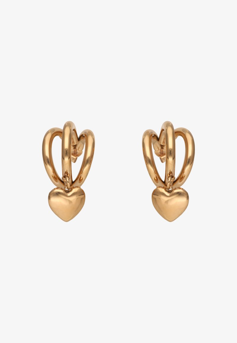 Goldfarbene, herzförmige Tropfohrringe aus Metall mit ineinander verwobenen Hoop-Design und glatten, polierten Oberflächen. Sanfter Glanz und abgerundete Kanten.
