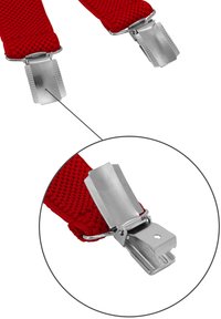 Rote gewebte Hosenträger mit metallischen Clips. Sie verfügen über einen strukturierten Stoff und silberne Beschläge für eine sichere Befestigung. Verstellbare Länge für zusätzlichen Komfort.