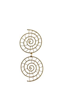 Zlate spiralne uhane z zapletenim leskom, ki vključujejo dva spirala povezana z majhno kroglico, teksturirana z tkano vzorcem.