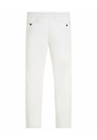 Weiße Baumwollhosen mit einem elastischen Bund, zwei Gesäßtaschen und einem schlichten, geraden Beindesign. Enthält dezente Nähdetails.