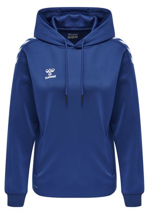 Blaues Kapuzensweatshirt aus leichtem Stoff. Mit weißen Chevronstreifen auf den Schultern und einer Front-Kängurutasche.