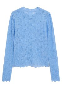 Lichtblauwe trui met lange mouwen van gebreide stof, voorzien van een geschulpte zoom en een textuurpatroon van bogen overal.