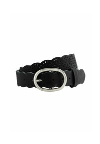 Ceinture en cuir noir avec des bords cannelés, des motifs floraux découpés et une boucle ovale en argent brillant. Ajustable avec plusieurs trous.