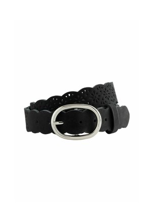 Ceinture en cuir noir avec des bords cannelés, des motifs floraux découpés et une boucle ovale en argent brillant. Ajustable avec plusieurs trous.