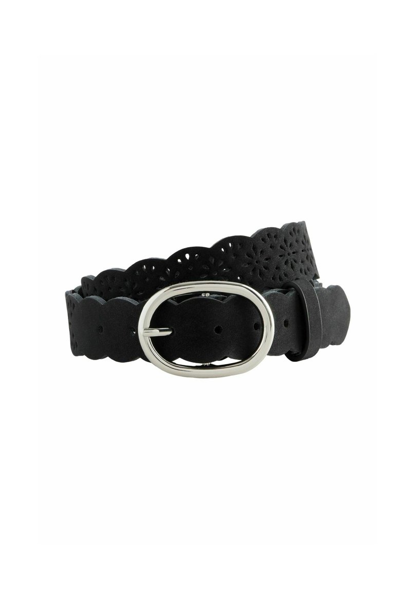 Ceinture en cuir noir avec des bords cannelés, des motifs floraux découpés et une boucle ovale en argent brillant. Ajustable avec plusieurs trous.