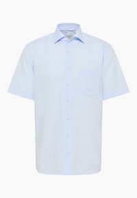 Lichtblauw kortemouwen overhemd met een button-down kraag, een enkele borstzak en contrasterende manchetten. Gladde textuur en reguliere fit.