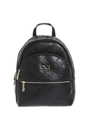 Zaino in pelle nera con motivo a rilievo, tasca frontale con cerniera, zip dorate e piccolo manico superiore.