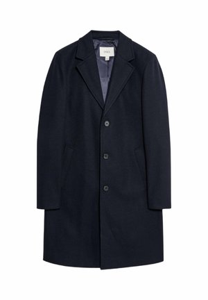 Tmavě modrý vlněný kabát s přizpůsobeným střihem, s klopovým límcem s výřezem, třemi knoflíky, dvěma bočními kapsami a hladkou vnitřní podšívkou.