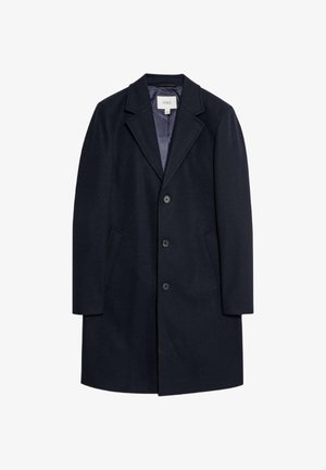 Tmavě modrý vlněný kabát s přizpůsobeným střihem, s klopovým límcem s výřezem, třemi knoflíky, dvěma bočními kapsami a hladkou vnitřní podšívkou.