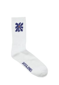 Witte katoenen sok met een ribbeltextuur, voorzien van een blauw bloemenpatroon aan de zijkant en "JACK & JONES" in het blauw gebreid aan de onderkant.