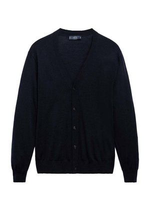 Cárdigan azul marino con escote en V, mangas largas y cierre de botones. Fabricado con un tejido suave de textura lisa y puños acanalados.