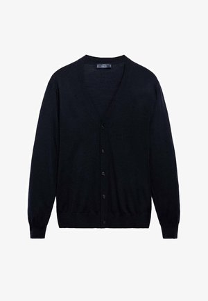 Cardigan blu navy con scollatura a V, maniche lunghe e chiusura con bottoni. Realizzato in un tessuto morbido con una texture liscia e polsini a costine.