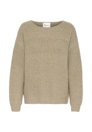Suéter de punto beige claro con un corte holgado, escote barco, hombros caídos y textura acanalada en todo su diseño. Tejido suave de peso medio.