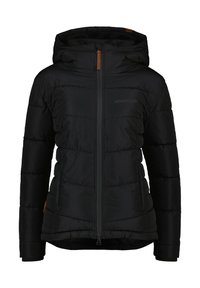 Giacca invernale nera imbottita con cappuccio, zip frontale, tasche laterali e logo discreto sul petto.