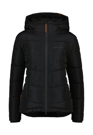 Zwarte gewatteerde winterjas met capuchon, voorrits, zijzakken en subtiele logo op de borst.