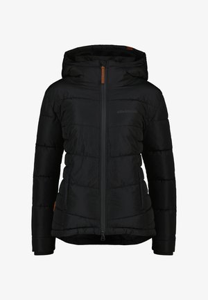 Giacca invernale nera imbottita con cappuccio, zip frontale, tasche laterali e logo discreto sul petto.