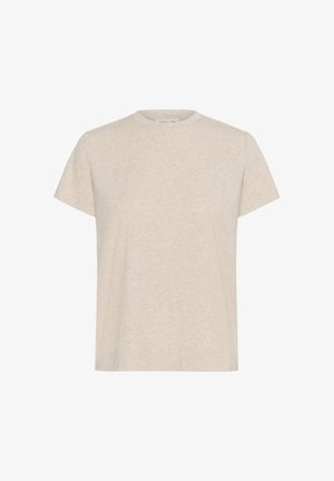 Beige T-Shirt mit kurzen Ärmeln aus einem strukturierten Stoff, mit einem klassischen Rundhalsausschnitt und einer entspannten, geraden Passform.