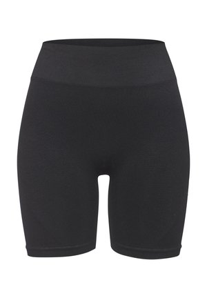 Black active shorts made from stretchy fabric, featuring a high waistband and a fitted design, with a smooth texture and no visible patterns.