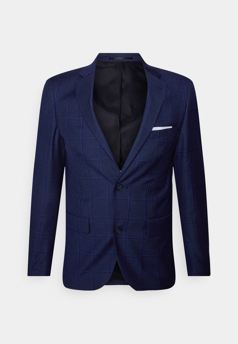 Blazer azul marino hecho de un tejido texturizado con un patrón de cuadros, dos botones y un bolsillo en el pecho con un ribete blanco.