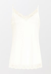 Lichte crèmekleurige top met een verfijnde kanten rand langs de V-halslijn en de zoom. Gemaakt van zachte, gladde stof. Verstelbare spaghettibandjes.