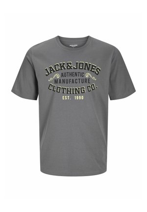 Gray cotton t-shirt with short sleeves, round neckline, and printed text in black and yellow: "JACK & JONES AUTHENTIC MANUFACTURE CLOTHING CO."