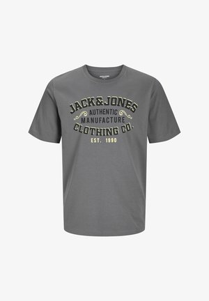 Gray cotton t-shirt with short sleeves, round neckline, and printed text in black and yellow: "JACK & JONES AUTHENTIC MANUFACTURE CLOTHING CO."