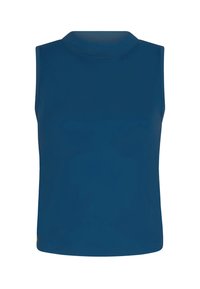 Bezramenný modrý top vyrobený z hladké, elastické látky. Má vysoký výstřih a čistý, jednoduchý design bez dalších detailů.