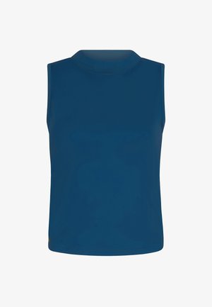 Top azul sin mangas fabricado en una tela lisa y elástica. Presenta un escote alto y un diseño limpio y sencillo, sin detalles adicionales.