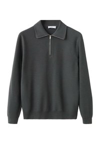 Pull-over en tricot gris foncé avec col zippé, présentant un motif texturé et des manches longues. Design simple et cohérent sans accents supplémentaires.