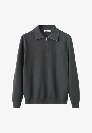 Ciemnoszary dzianinowy sweter z kołnierzem na suwak, charakteryzujący się fakturowanym wzorem i długimi rękawami. Prosty, spójny design bez dodatkowych ozdób.