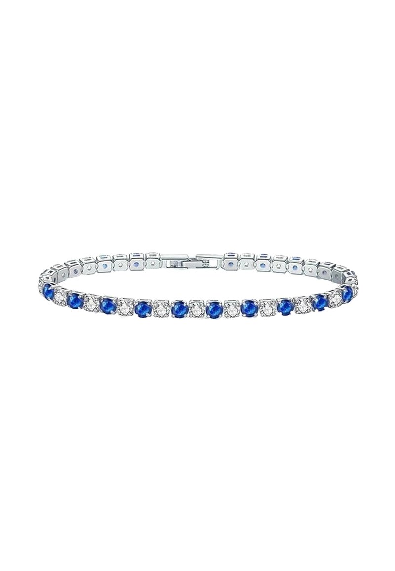 Bracciale in tonalità argento con strass rotondi blu e trasparenti alternati, design a maglia flessibile e chiusura sicura.