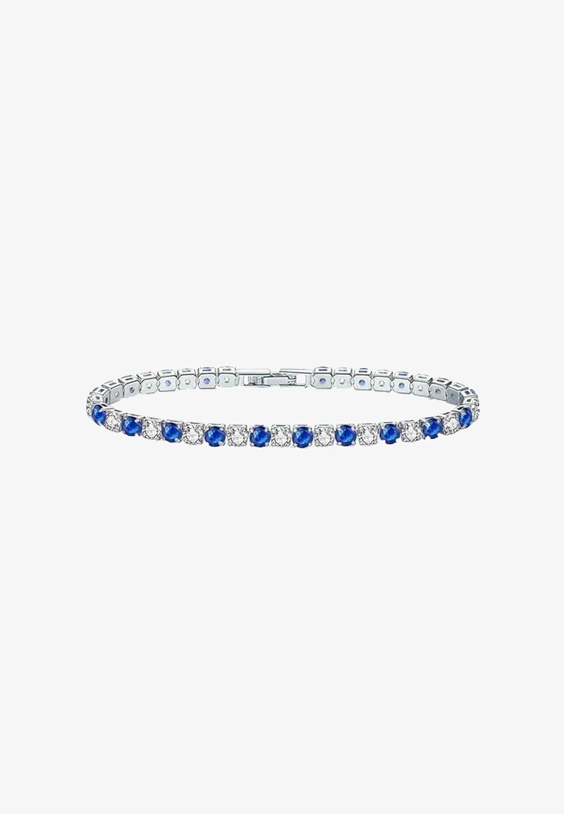 Bracciale in tonalità argento con strass rotondi blu e trasparenti alternati, design a maglia flessibile e chiusura sicura.
