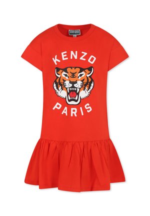 Rode korte mouwen jurk met een uitlopende rok, voorzien van een zwart en oranje tijgerafbeelding en de tekst "KENZO PARIS" in het wit. Van katoen.