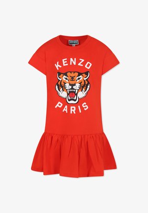 Robe rouge à manches courtes avec jupe évasée, ornée d'un motif de tigre noir et orange et du texte "KENZO PARIS" en blanc. En coton.