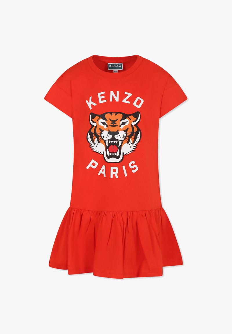 Rode korte mouwen jurk met een uitlopende rok, voorzien van een zwart en oranje tijgerafbeelding en de tekst "KENZO PARIS" in het wit. Van katoen.