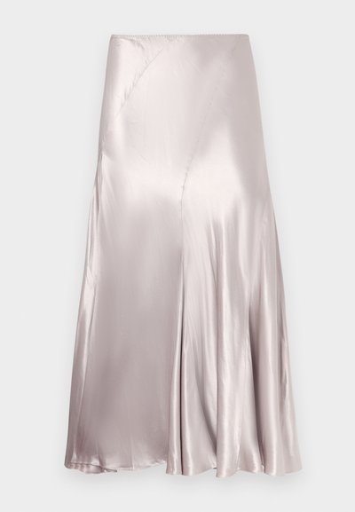 Λαμπερή μίντι φούστα από σατέν σε αποχρώσεις ανοιχτού λεβάντας με γραμμή Α και διακριτικές καμπυλωτές ραφές στα πάνελ.