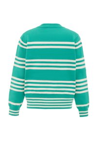 Maglione verde a righe con strisce orizzontali bianche, polsini e orlo a coste. Texture lavorata a maglia con design a girocollo.
