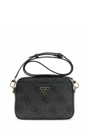 Sac bandoulière noir Guess avec motif logo répété, garniture couleur or et bandoulière réglable.