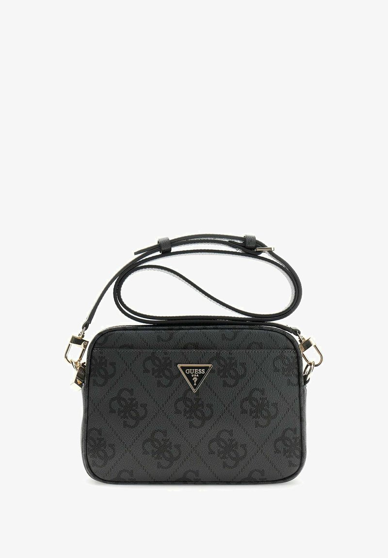 Sac bandoulière noir Guess avec motif logo répété, garniture couleur or et bandoulière réglable.