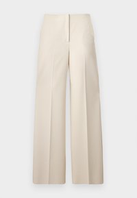 Beige wijde broek met hoge taille, voorzien van voorplooien en een soepele textuur. Eenvoudig ontwerp zonder zichtbare hardware of patronen.