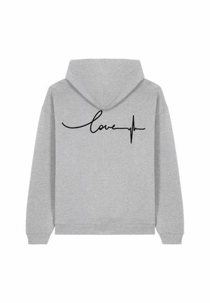 Sweat-shirt à capuche gris en mélange de coton, présentant un texte en cursive noir "love" et un graphique de battement de cœur au dos. Texture lisse.