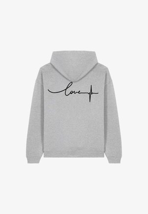Grijze hoodie gemaakt van een katoenmengsel, met een zwart cursief "love"-tekst en een hartslaggrafiek op de achterkant. Soepele textuur.