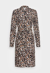 Abito a maniche lunghe con stampa leopardata nei colori nero, marrone e crema, con colletto e dettaglio della vita legata.