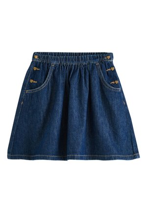 Jeanskjol med elastisk midja, två framfickor och en utsvängd form. Har knappliknande detaljer på midjan och fickorna. Mörkblå färg.