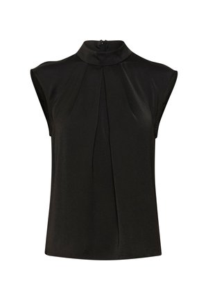 Černá blůza s vysokým límcem, krátkými rukávy a skladbou na přední straně. Vyrobeno z hladkého materiálu se zapínáním na zip vzadu.